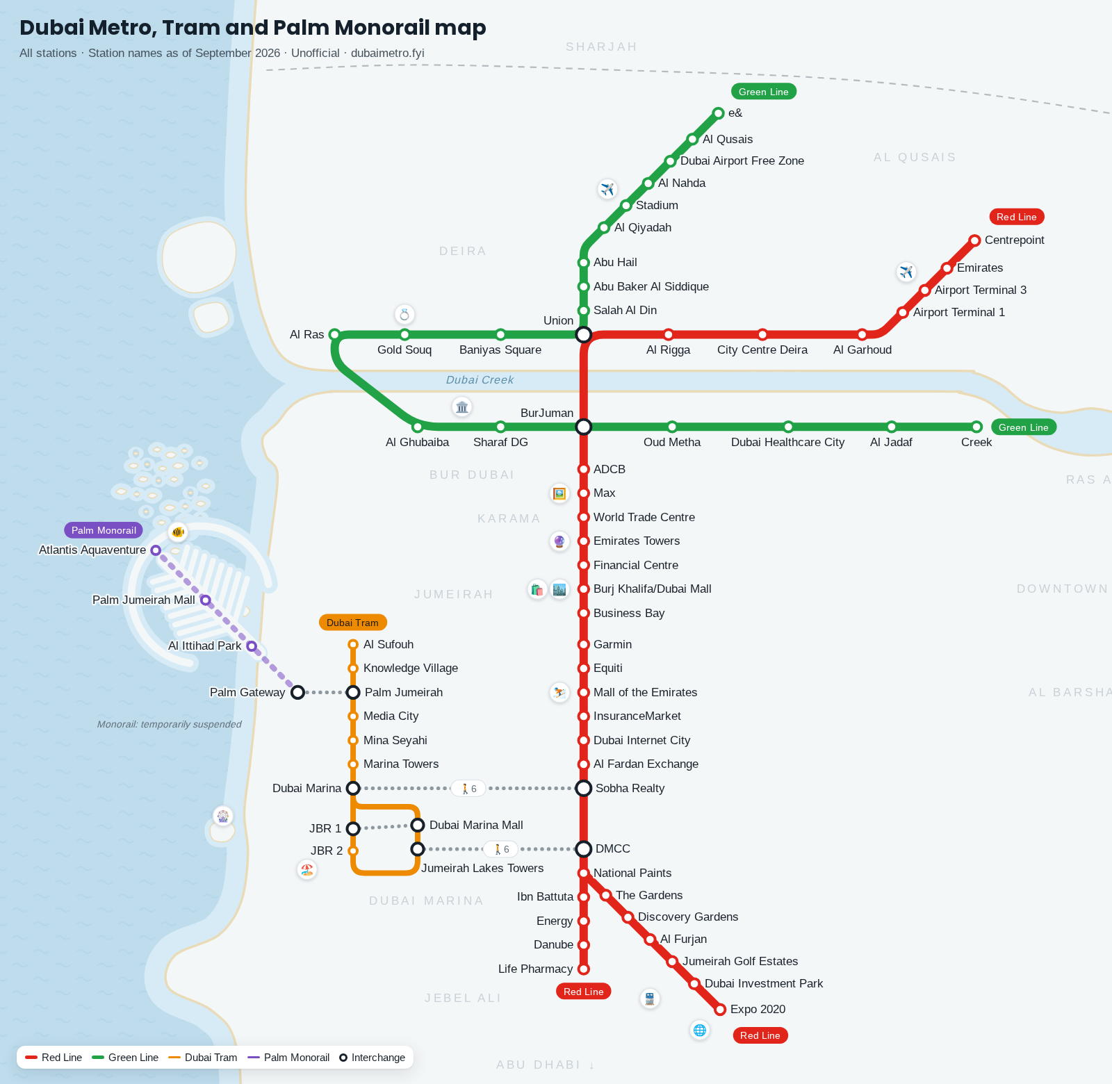 Dubai Metro map: Red Line, Green Line, Dubai Tram and Palm Monorail with all stations and interchanges